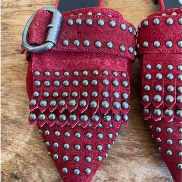 JEFFERY CAMPBELL FREE PEOPLE Shoes Red Studded Fringed Suede Buckle Flats 8.5M - Picture 2 of 12